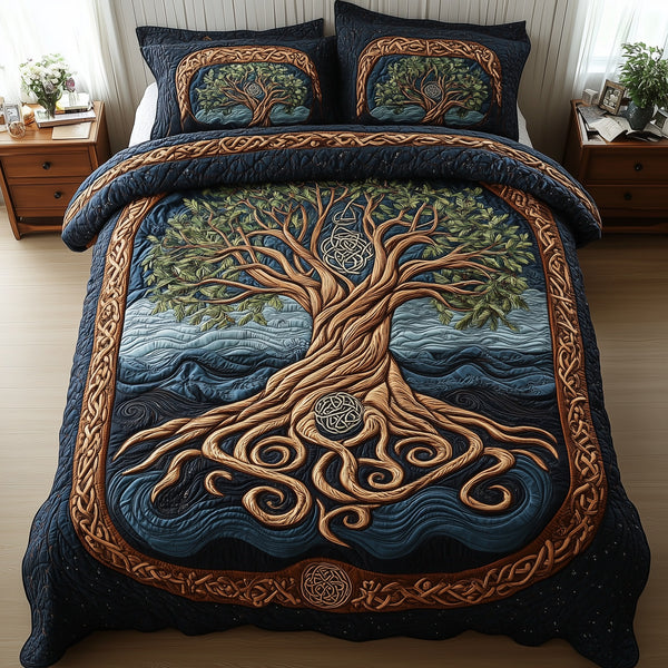 Eternal Tree Of Life 3-Piece Quilted Bedding Set - Design 17 — quilt and two matching pillow shams