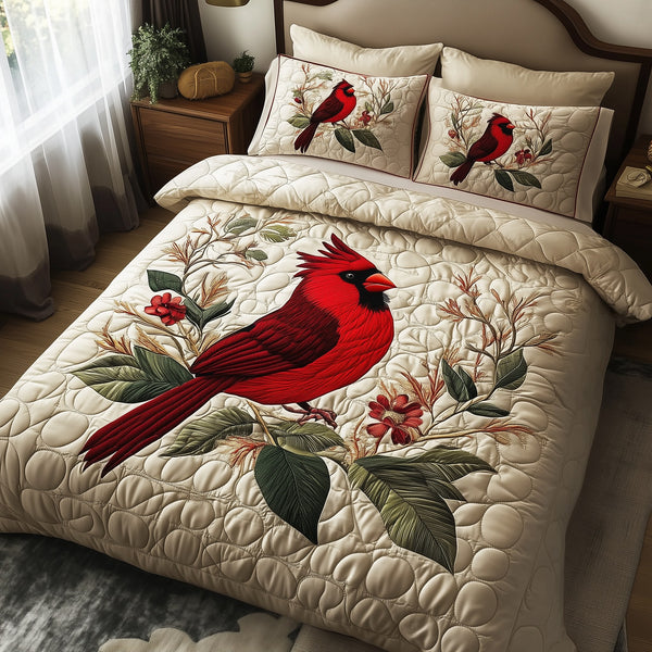 Elegant Red Cardinal 3-Piece Quilted Bedding Set - Design 1 — quilt and two matching pillow shams
