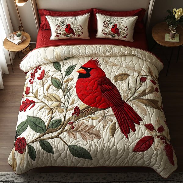 Elegant Red Cardinal 3-Piece Quilted Bedding Set - Design 2 — quilt and two matching pillow shams