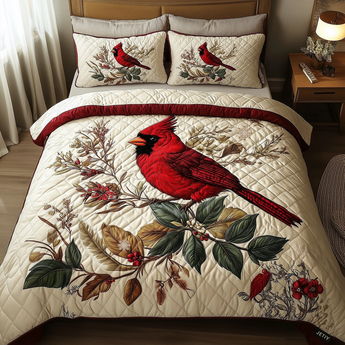 Elegant Red Cardinal 3-Piece Quilted Bedding Set - Design 4 — quilt and two matching pillow shams