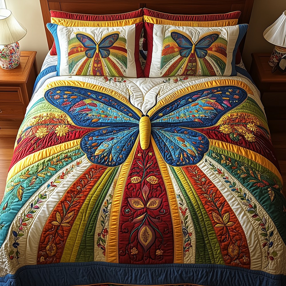 Butterfly Charm 3-Piece Quilted Bedding Set - Design 3 — quilt and two matching pillow shams