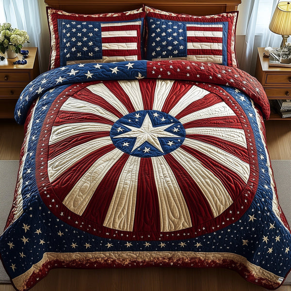 Blossom of Unity quilted 3-piece bedding set on a made bed with two matching pillow shams