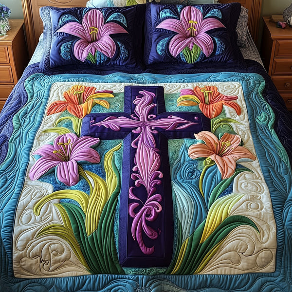Blessed Easter quilted 3-piece bedding set on a made bed in a softly lit bedroom