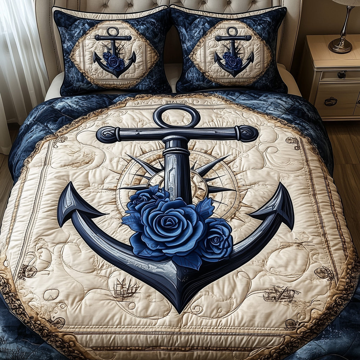 Blue Anchor 3-Piece Quilted Bedding Set - Design 1 — quilt and two matching pillow shams