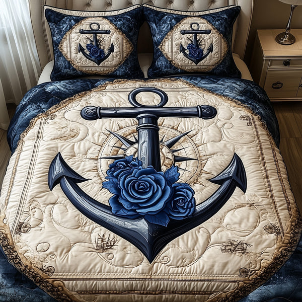 Blue Anchor quilted 3-piece bedding set on a made bed in a light coastal bedroom