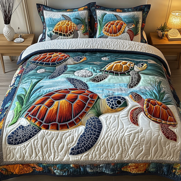 Cheerful Turtle quilted 3-piece bedding set on a made bed in a light coastal bedroom
