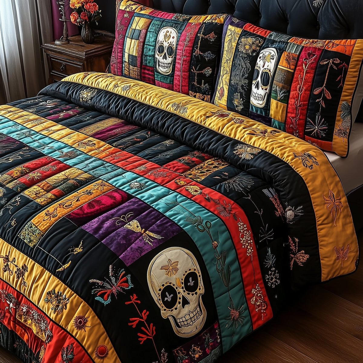 Ancient Library 3-Piece Quilted Bedding Set - Design 1 — quilt and two matching pillow shams