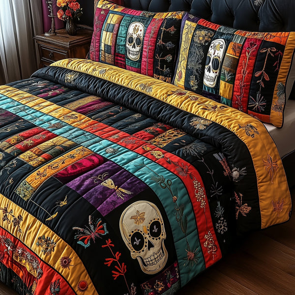 Ancient Library quilted 3-piece bedding set on a made bed with two matching pillow shams