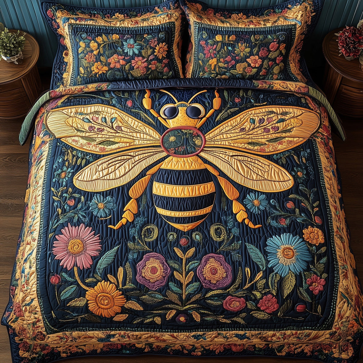 Floral Bee 3-Piece Quilted Bedding Set - Design 1 — quilt and two matching pillow shams