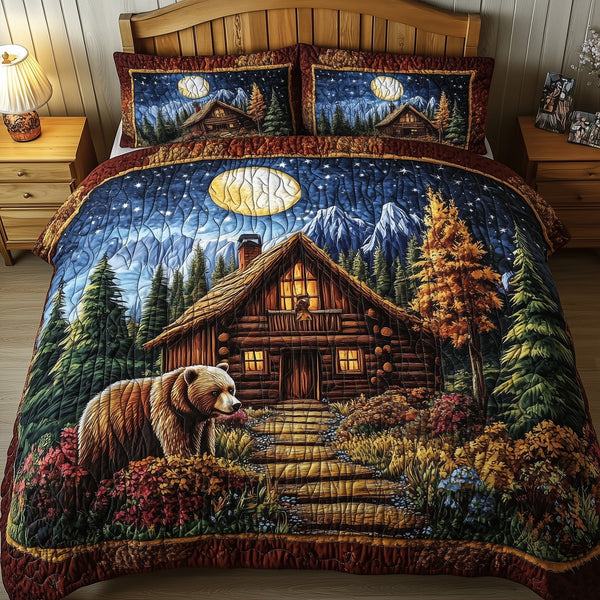 Cabin And Bear quilted 3-piece bedding set on a made bed with two matching pillow shams
