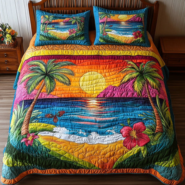 Aloha Vibe quilted 3-piece bedding set on a made bed with two matching pillow shams
