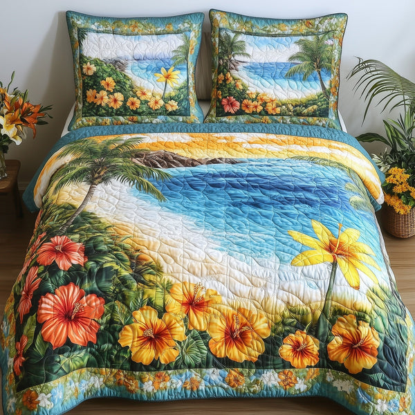 Aloha Beach quilted 3-piece bedding set on a made bed in a light coastal bedroom