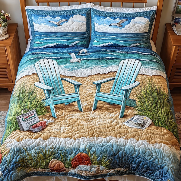 Beach Vibe quilted 3-piece bedding set on a made bed in a light coastal bedroom