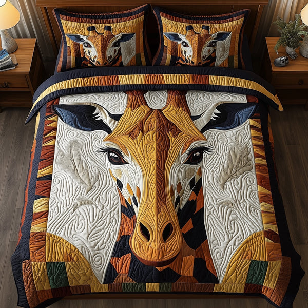 Dreamy Giraffe quilted 3-piece bedding set on a made bed with two matching pillow shams