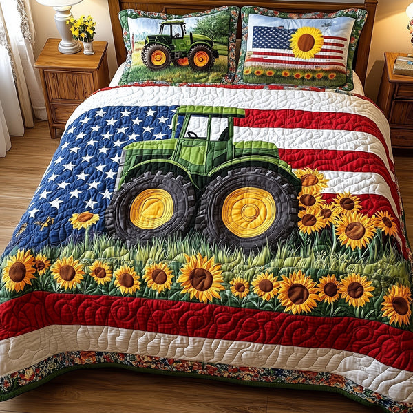 American Tractor quilted 3-piece bedding set on a made bed in a warmly lit bedroom