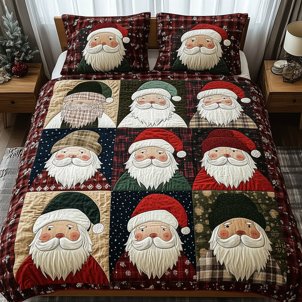 Cheerful Santa quilted 3-piece bedding set on a made bed in a winter-styled bedroom