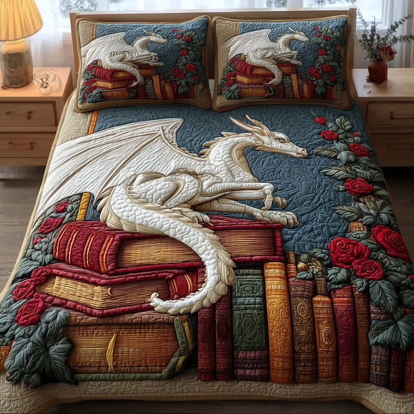 Dragon quilted 3-piece bedding set on a made bed with two matching pillow shams
