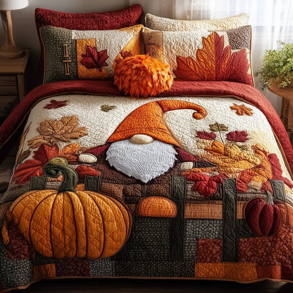 Autumn Gnome quilted 3-piece bedding set on a made bed in a winter-styled bedroom