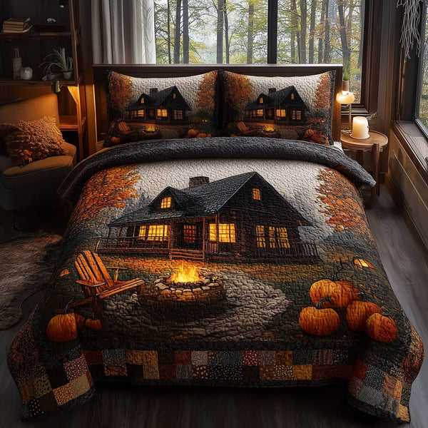 Autumn Cabin quilted 3-piece bedding set on a made bed with two matching pillow shams