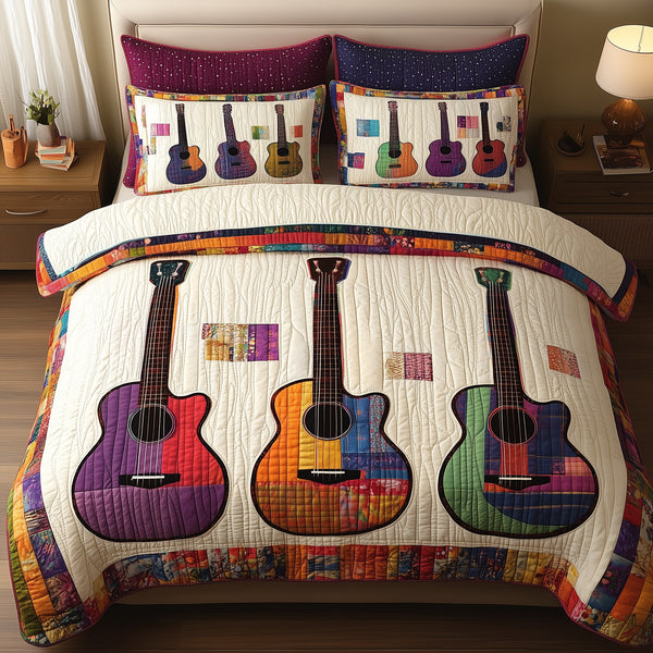 Colorful Guitars 3-Piece Quilted Bedding Set - Design 1 — quilt and two matching pillow shams