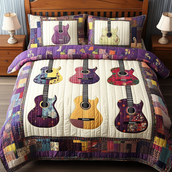 Coloful Guitars 3-Piece Quilted Bedding Set - Design 3 — quilt and two matching pillow shams