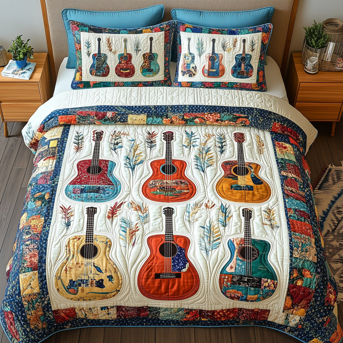 Colorful Guitars 3-Piece Quilted Bedding Set - Design 4 — quilt and two matching pillow shams