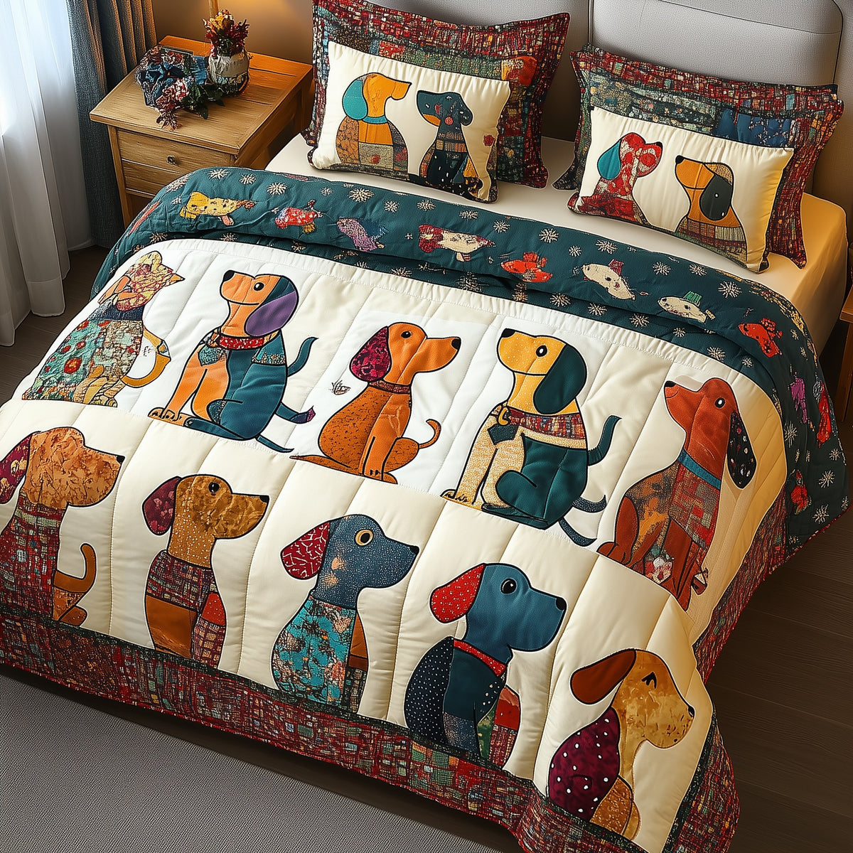 Dachshund 3-Piece Quilted Bedding Set - Design 4 — quilt and two matching pillow shams