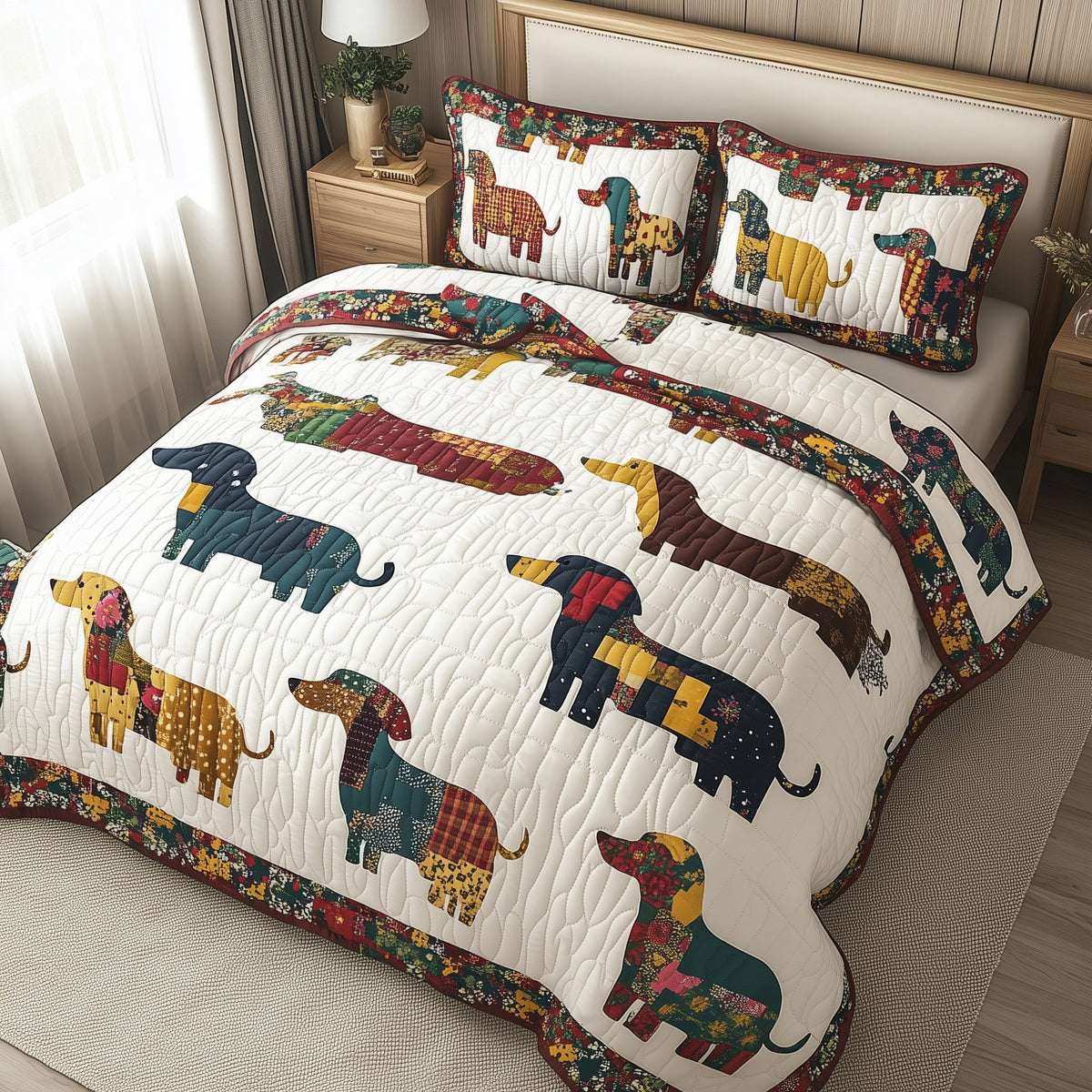 Dachshund 3-Piece Quilted Bedding Set - Design 7 — quilt and two matching pillow shams