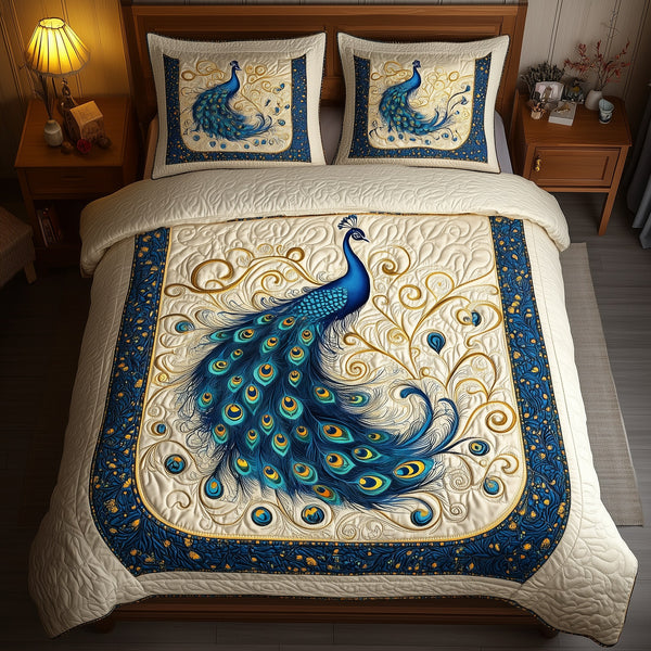 Blue Peacock quilted 3-piece bedding set on a made bed with two matching pillow shams