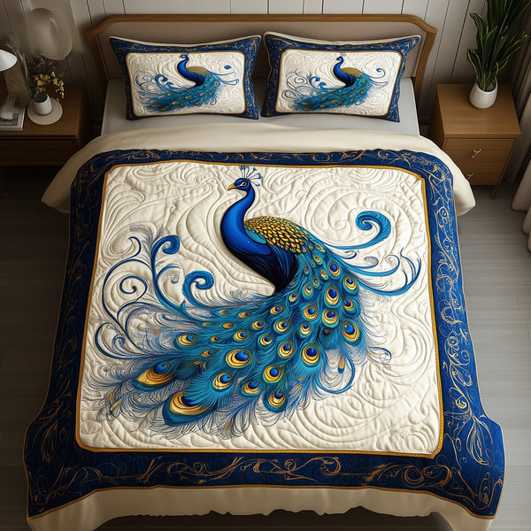 Blue Peacock quilted 3-piece bedding set on a made bed with two matching pillow shams