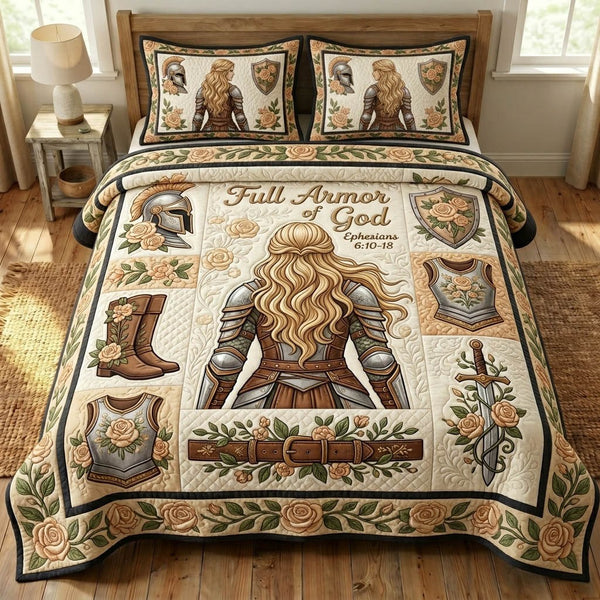 Armor Of God quilted 3-piece bedding set on a made bed in a softly lit bedroom