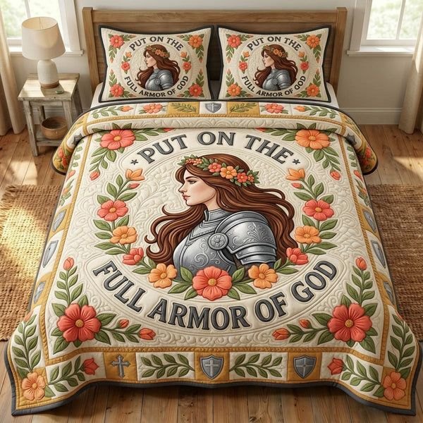 Armor Of God quilted 3-piece bedding set on a made bed in a softly lit bedroom