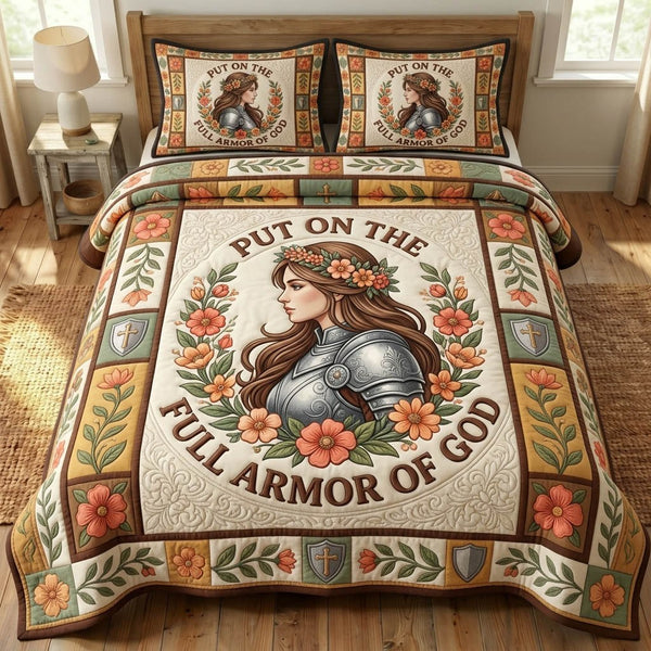 Armor Of God quilted 3-piece bedding set on a made bed in a softly lit bedroom