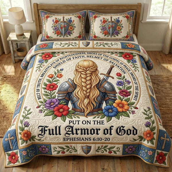 Armor Of God quilted 3-piece bedding set on a made bed in a softly lit bedroom