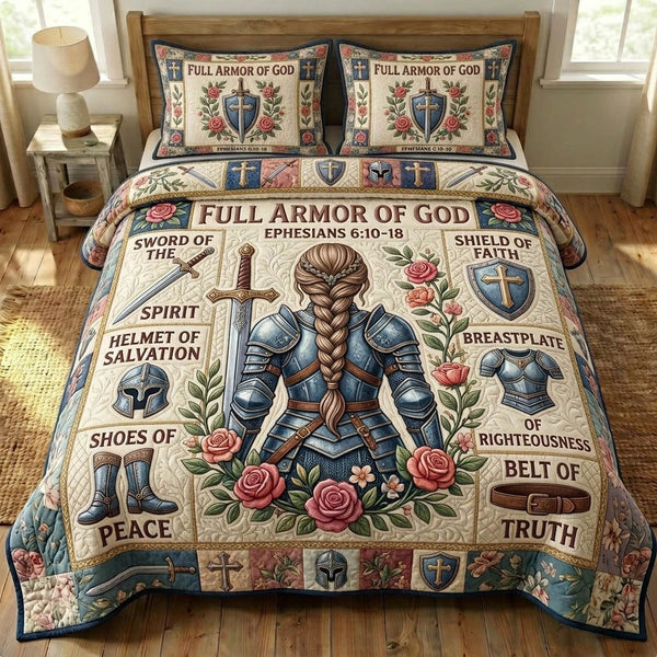 Armor Of God quilted 3-piece bedding set on a made bed in a softly lit bedroom