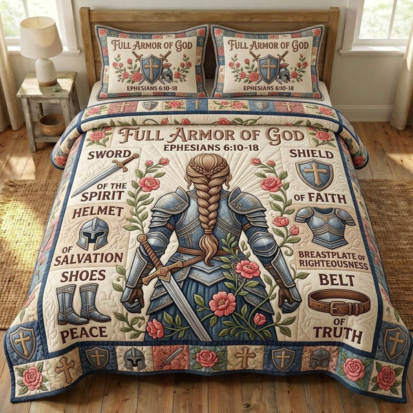 Armor Of God quilted 3-piece bedding set on a made bed in a softly lit bedroom