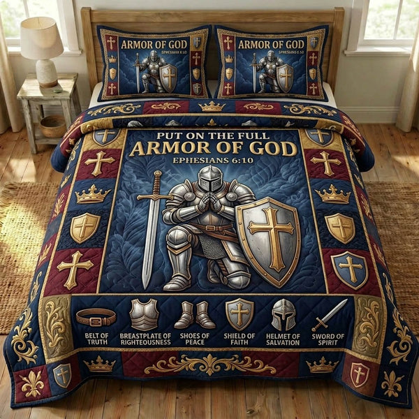Armor Of God quilted 3-piece bedding set on a made bed in a softly lit bedroom