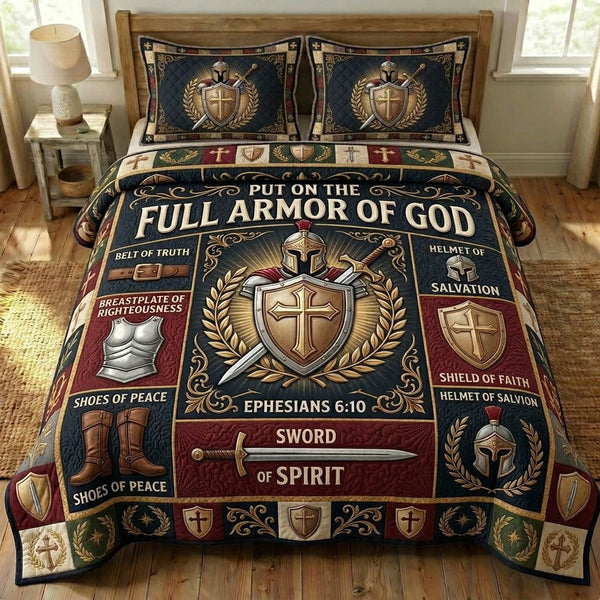 Armor Of God quilted 3-piece bedding set on a made bed in a softly lit bedroom
