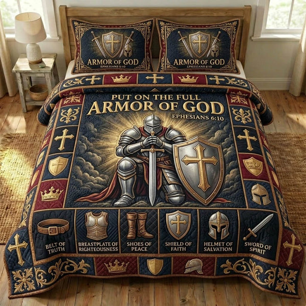 Armor Of God quilted 3-piece bedding set on a made bed in a softly lit bedroom