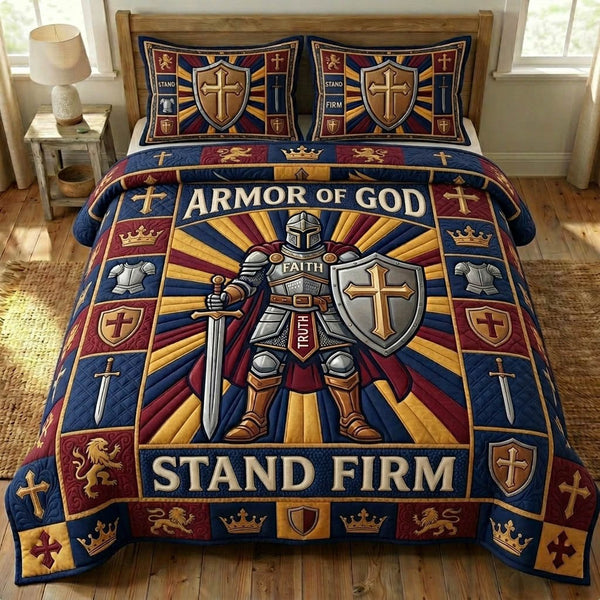 Armor Of God quilted 3-piece bedding set on a made bed in a softly lit bedroom