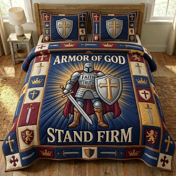 Armor Of God quilted 3-piece bedding set on a made bed in a softly lit bedroom