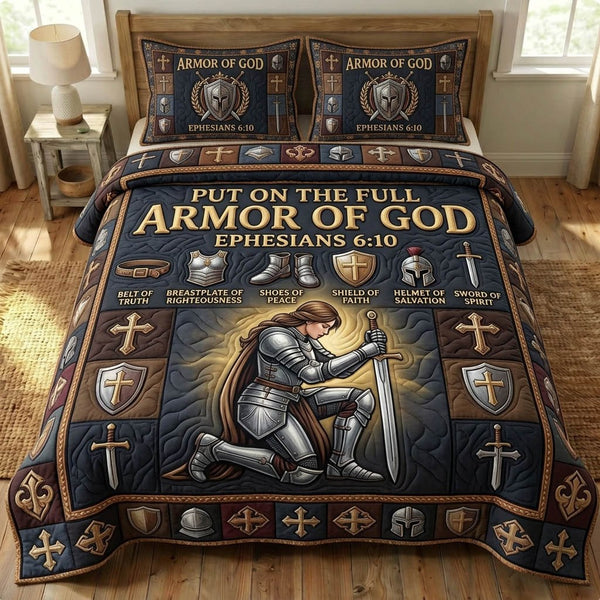 Armor Of God quilted 3-piece bedding set on a made bed in a softly lit bedroom