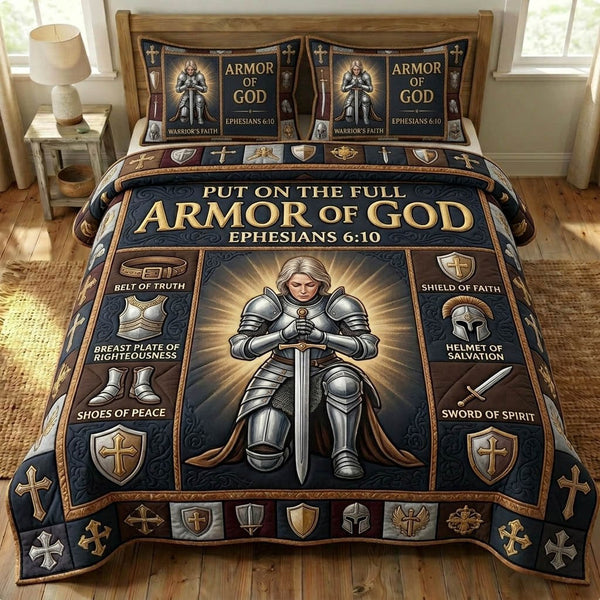 Armor Of God quilted 3-piece bedding set on a made bed in a softly lit bedroom