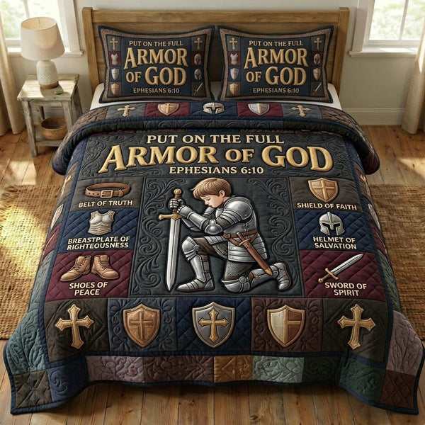 Armor Of God quilted 3-piece bedding set on a made bed in a softly lit bedroom