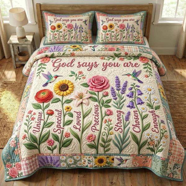 Floral Bible quilted 3-piece bedding set on a made bed in a softly lit bedroom