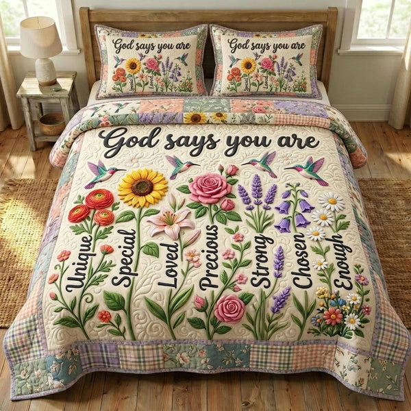 Floral Bible quilted 3-piece bedding set on a made bed in a softly lit bedroom