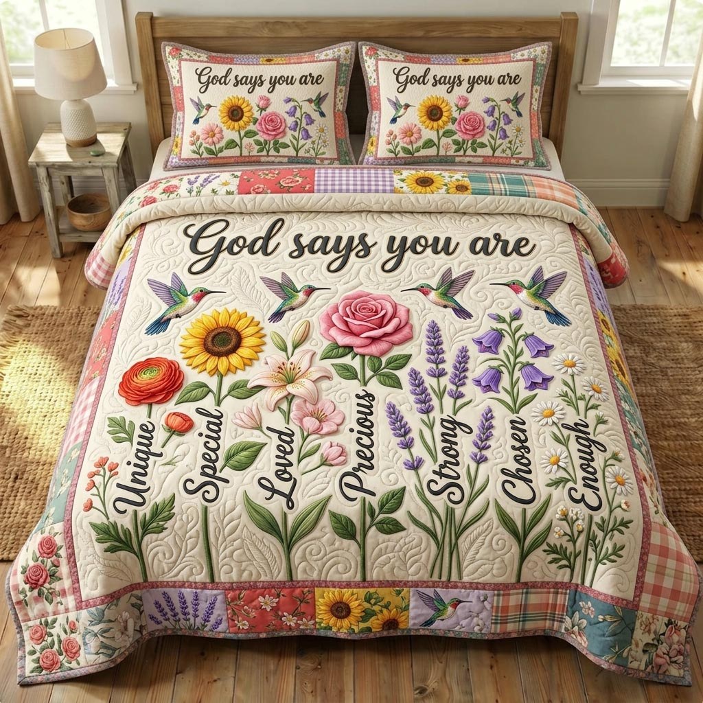 Floral Bible 3-Piece Quilted Bedding Set - Design 22 — quilt and two matching pillow shams