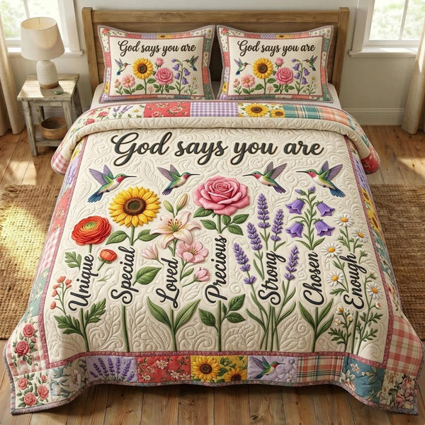 Floral Bible quilted 3-piece bedding set on a made bed in a softly lit bedroom