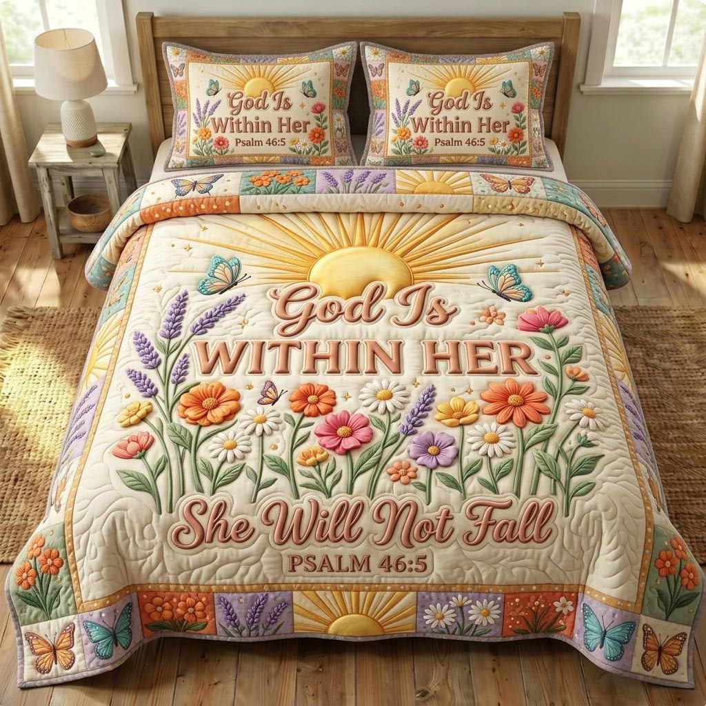 Floral Bible 3-Piece Quilted Bedding Set - Design 23 — quilt and two matching pillow shams