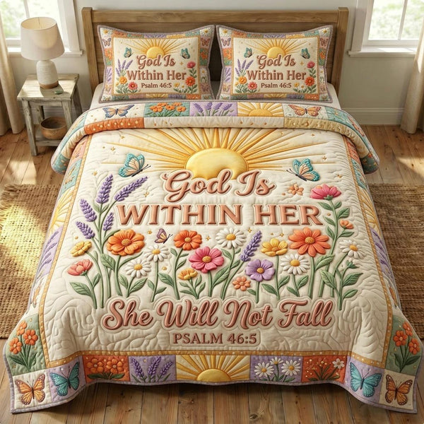 Floral Bible quilted 3-piece bedding set on a made bed in a softly lit bedroom